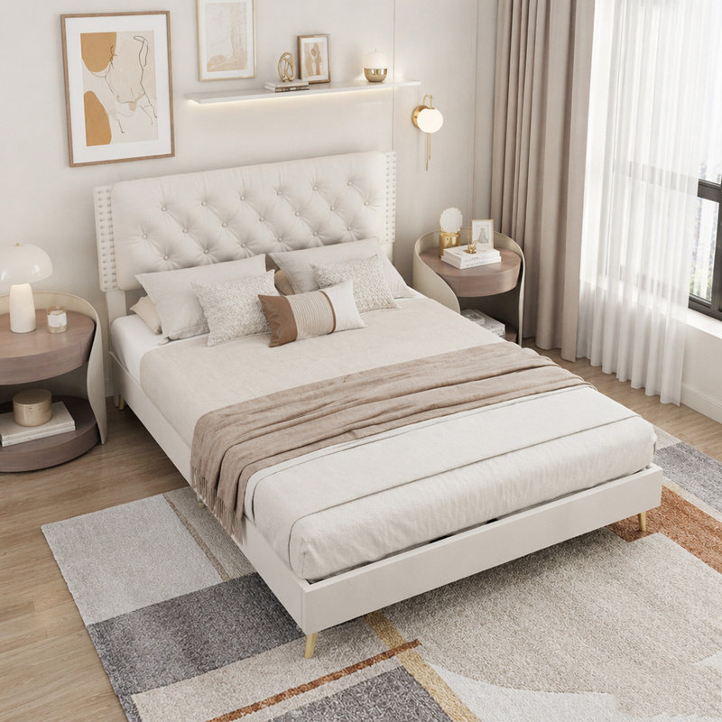 Structure de lit en velours, Lit double, Beige