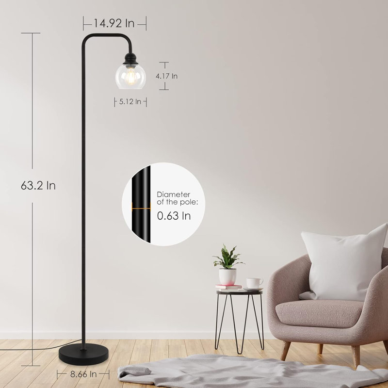 Modern Industrial Floor Lamp With Clear Glass Shade, 63.2" Tall Standing Lamp For Living Room, Bedroom, Office, 6W LED Bulb Included, Vintage Design, Black Finish, Foot Switch