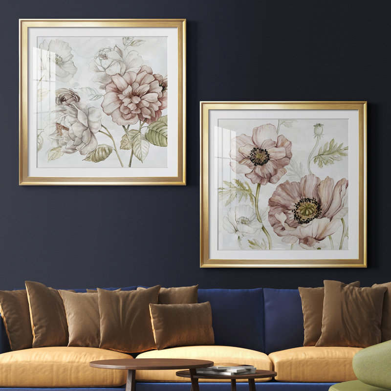 «Washed Botanical III», ensemble de 2 reproductions d'art encadrées, Papier encadré doré, Blanc