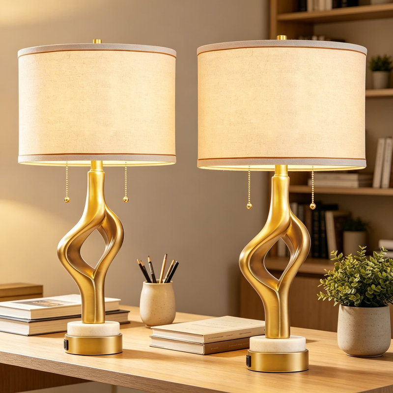 Ensemble de 2 lampes de table modernes avec ports USB, conception sculpturale en résine dorée sur base en marbre, interrupteur à double chaîne et ampoules pour la table de chevet du salon