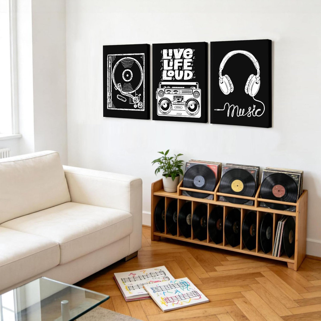 3 Pcs Black And White Music Canvas Framed Wall Art, Vinyl Record Painting Poster Print Retro Font Design Rock Music Lover Decorative Images Suitable F