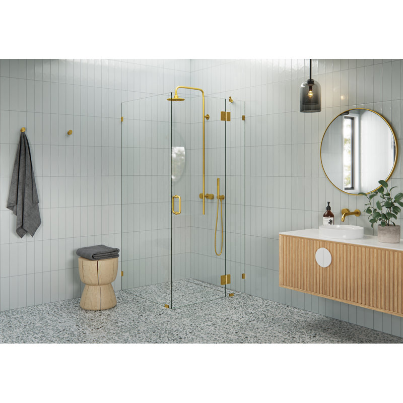Halo 35 in. x 35 in. x 78 in. 90-degree Fully Frameless Glass Hinged Shower Enclosure, Satin Brass