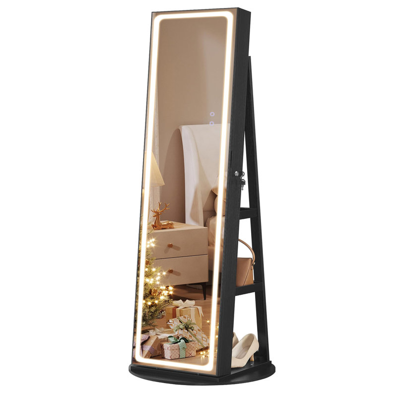 LED Mirror Jewelry Cabinet Standing, Lockable Jewelry Armoire with Full-Length Mirror and Adjustable LED Lights, Black