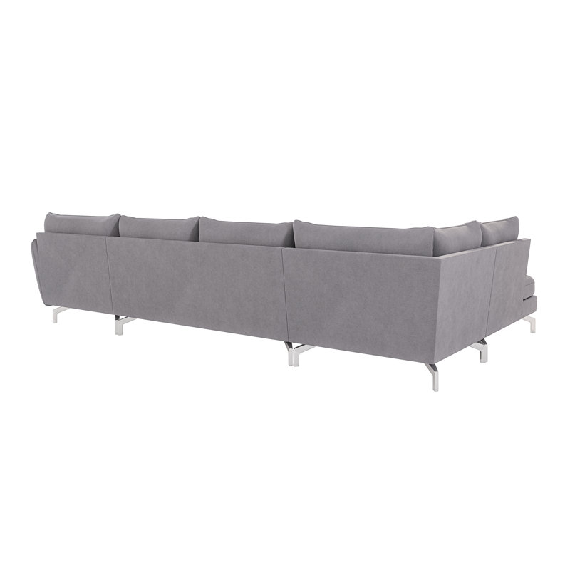 Modern U-shape Kimo Corner Sofa with Silver Metal Legs, Right Hand Facing, Grey