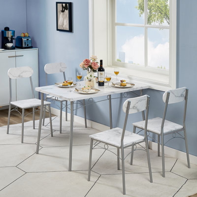 Whipton 4 - Person Dining Set, 5-Piece Rustic White Dining Table Set for 4, Industrial Kitchen Table and Chairs Set with Metal Frame, Space-Saving Dining Room Furniture (Set of 5)