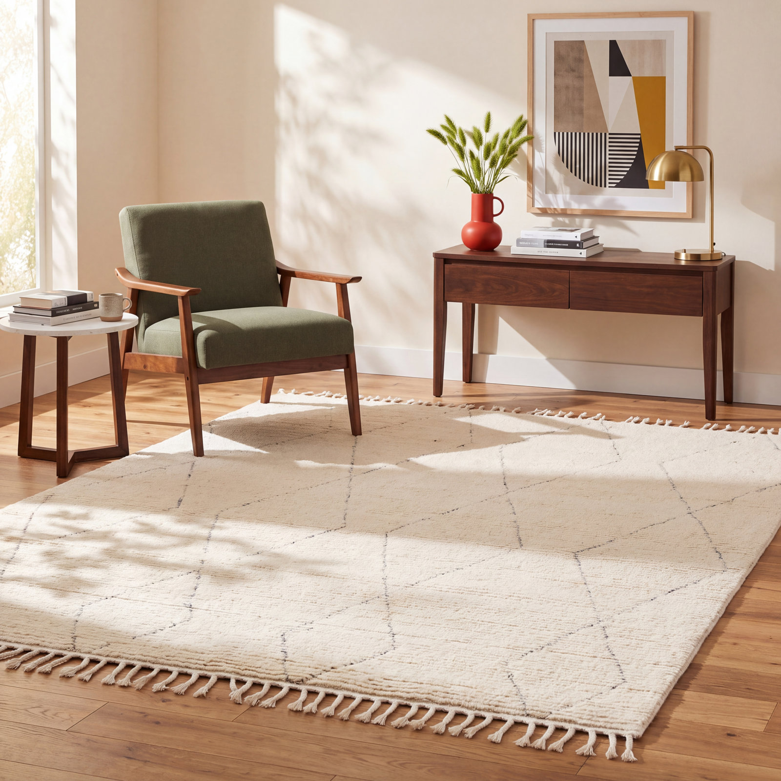 Talon Hand-Knotted Geometric Cream Rug, Rectangle 8' x 10'