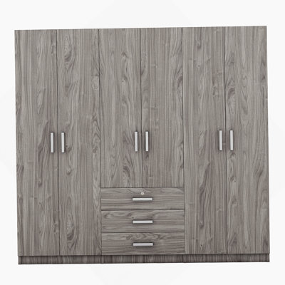Garde-robe de chambre à coucher à 6 portes avec grands tiroirs, gris