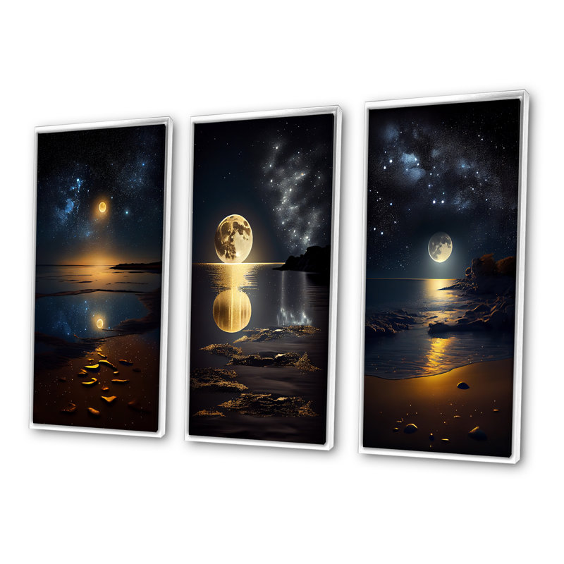 «Golden Full Moon Beach Dream By Night Shore II», 3 pièces, Cadre flottant blanc, H 40 po x l 60 po