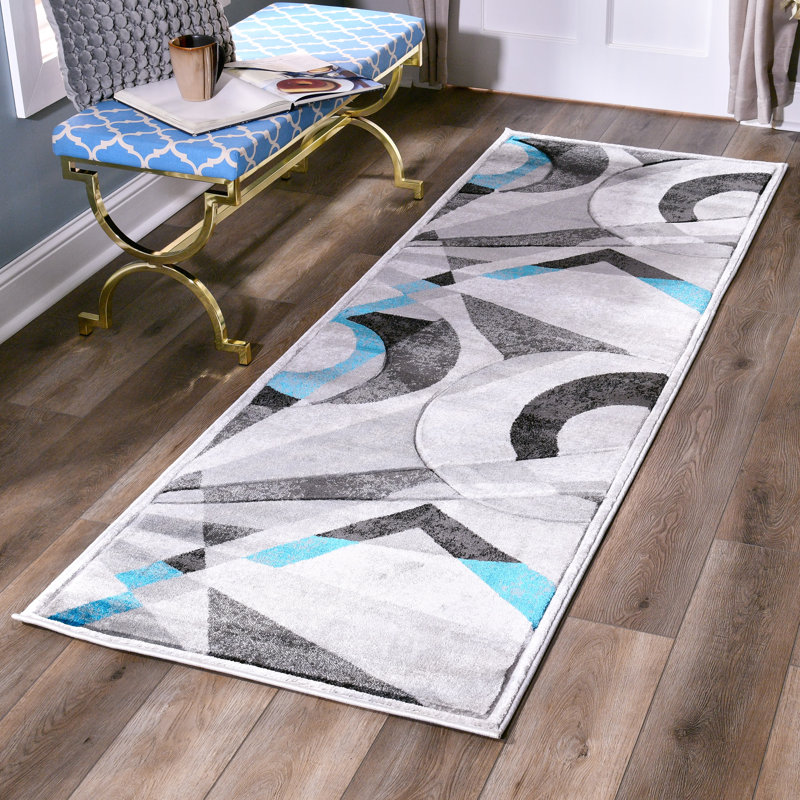 Tapis abstrait blanc / noir / bleu Adonia, Tapis de couloir 2 pi 8 po x 11 pi 10 po