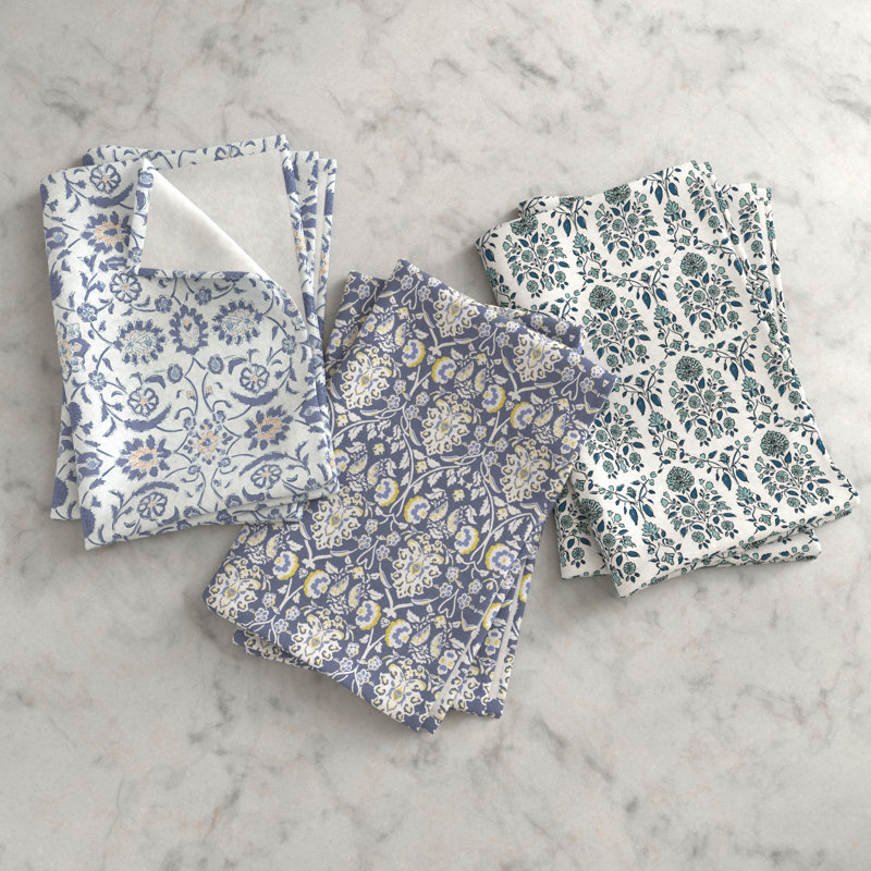 Charming Blue Floral Cotton Kitchen Towels Set of 6