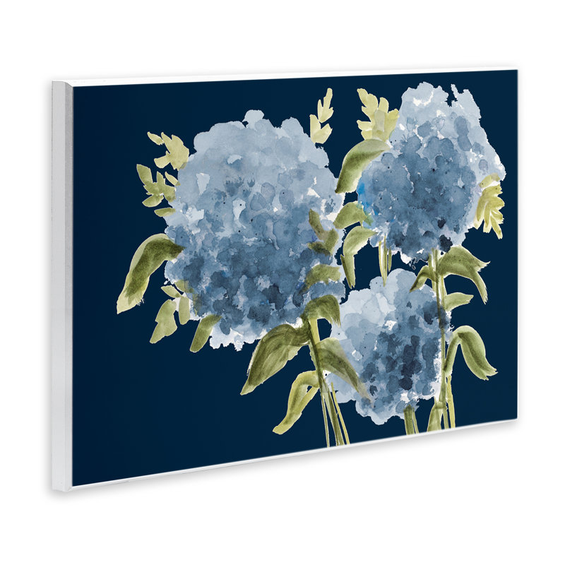 Plaque murale hortensias bleus sur indigo, design par Janice Gaynor, H 13 po x l 19 po