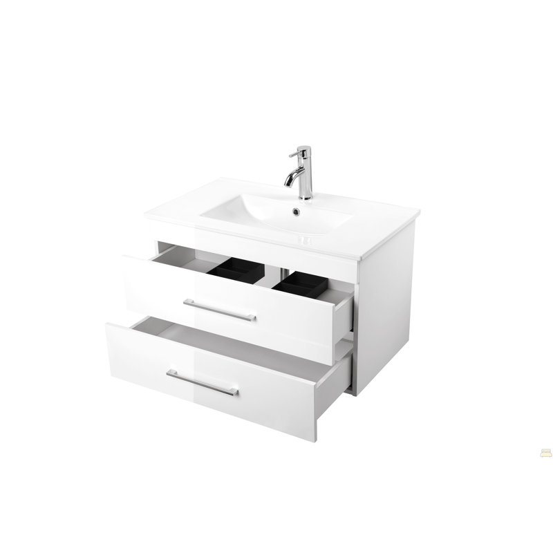 Ce meuble-lavabo mural blanc brillant de 32 pouces avec tiroirs doubles, système de fermeture en douceur, lavabo en céramique crée un espace de salle de bain moderne et minimaliste!