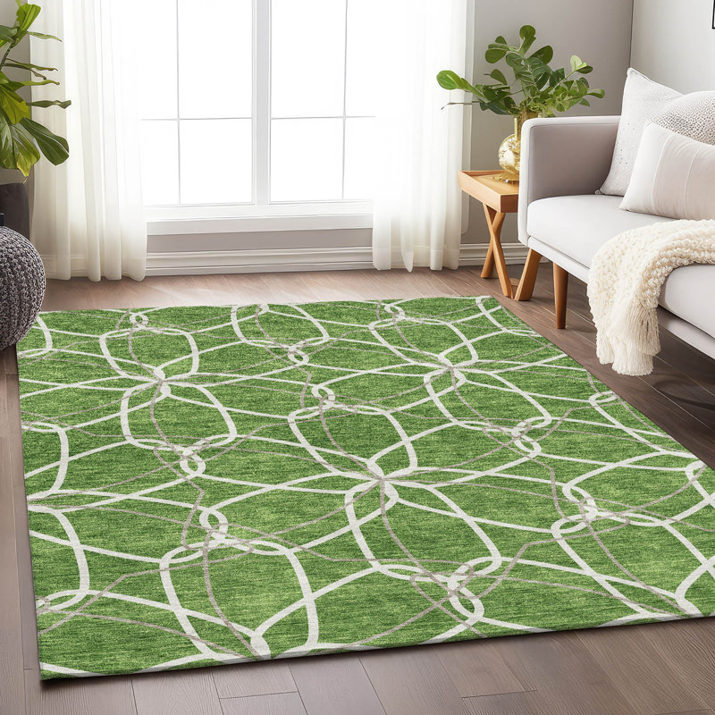 Premium Machine Washable Prisco Green Rug, Rectangle 10' x 14'