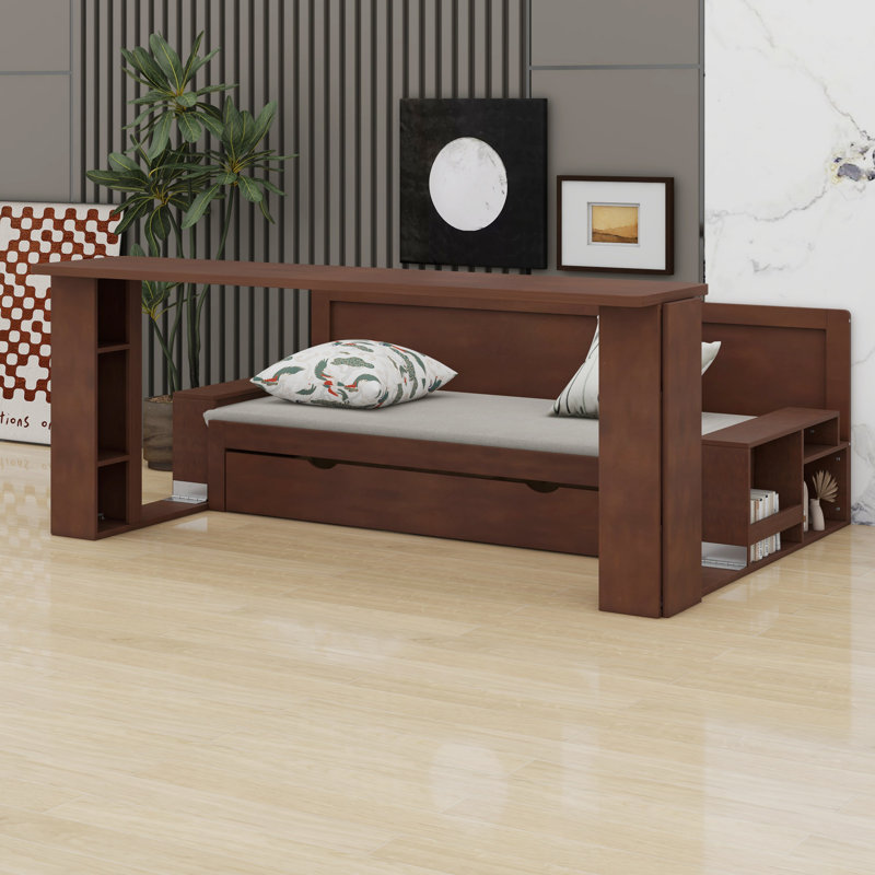 Lit de jour avec bureau amovible, tiroirs de rangement et table d'appoint hydraulique, Grand lit, Espresso