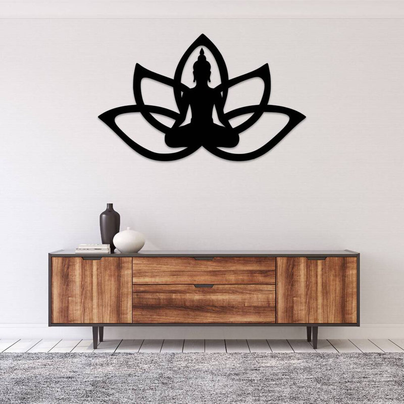 Art mural en métal fleur de lotus Bouddha - méditation spirituelle zen, Noir, H 15 po x l 24 po x P 1 po