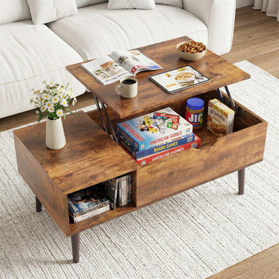 Table basse à plateau relevable pour salon avec rangement, conception relevable moderne, compartiment caché et tablettes latérales, bois d'ingénierie robuste, 39,3 po x 19,6 po x 16,9 po, brun / noir