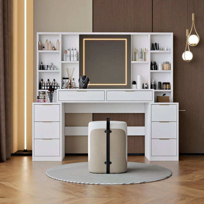 Bureau de maquillage avec miroir et lumières, coiffeuse avec tiroirs et tablettes de rangement ouvertes