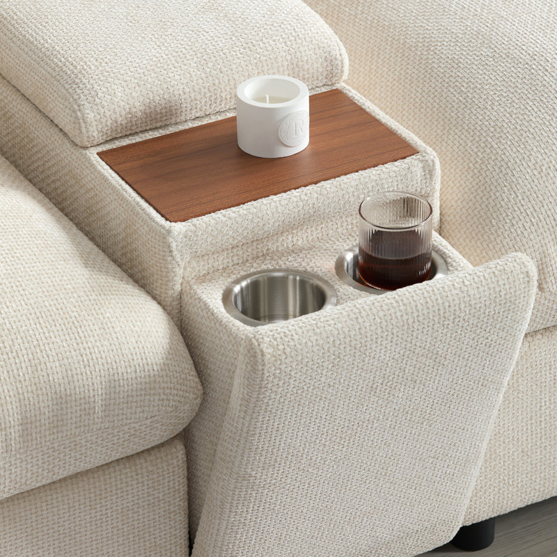 Canapé modulaire modulaire avec console, porte-gobelet, chargeur USB et 2 repose-pieds de rangement amovibles, Beige