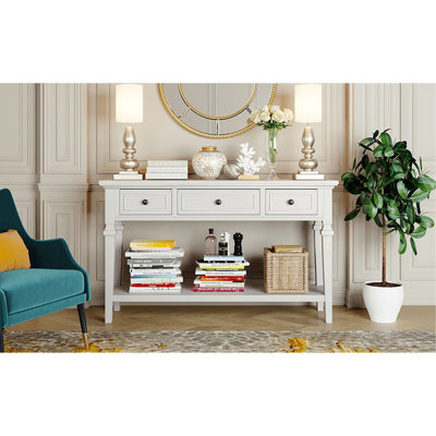 Console de style rétro classique avec trois tiroirs supérieurs et une tablette inférieure de style ouvert, facile à assembler (blanc antique)