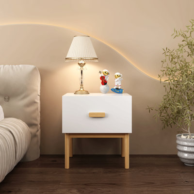Modern White Nightstand With Drawer And Wood Legs, Minimalist Bedside Table With Handle For Bedroom, Living Room, Apartment