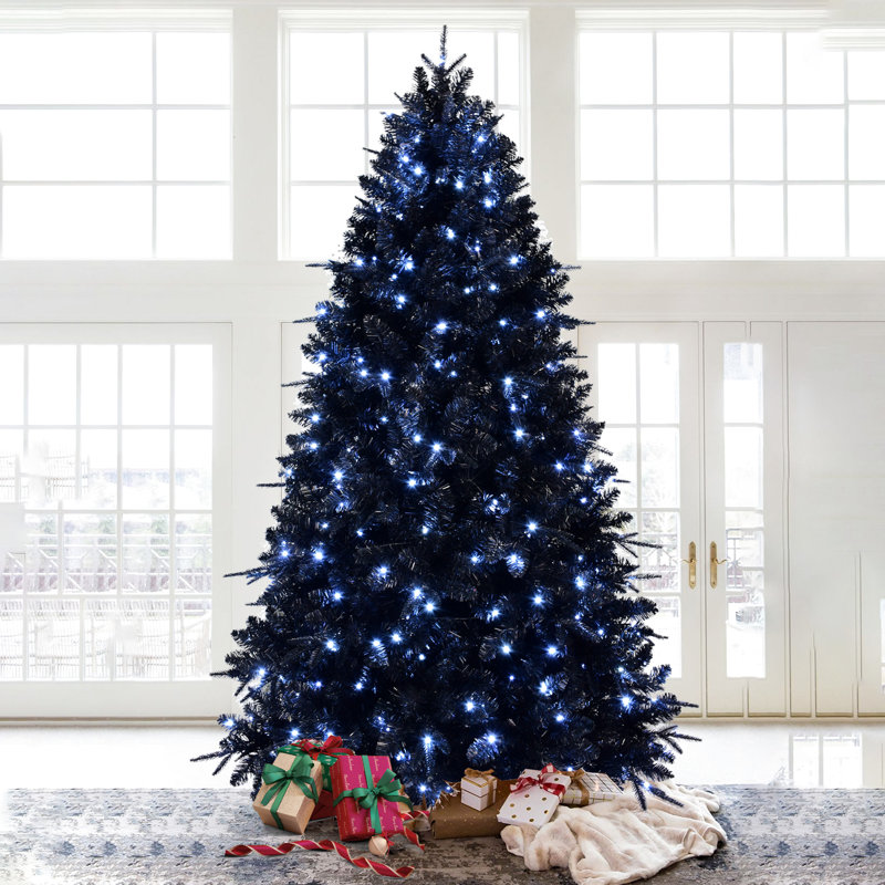 Arbre de Noël et de décoration artificiel noir 6 pi, 350 blanc, 1460 pointes Pe +, structure à charnières, support en métal, arbre sécuritaire à long terme avec lumières à DEL, parfait pour la décoration, stabilité de la base des branches