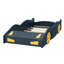 Lit plateforme simple bleu foncé et jaune avec thème de voiture de course et option de rangement, construction robuste en bois pour la chambre à coucher, construction robuste, pratique et confortable
