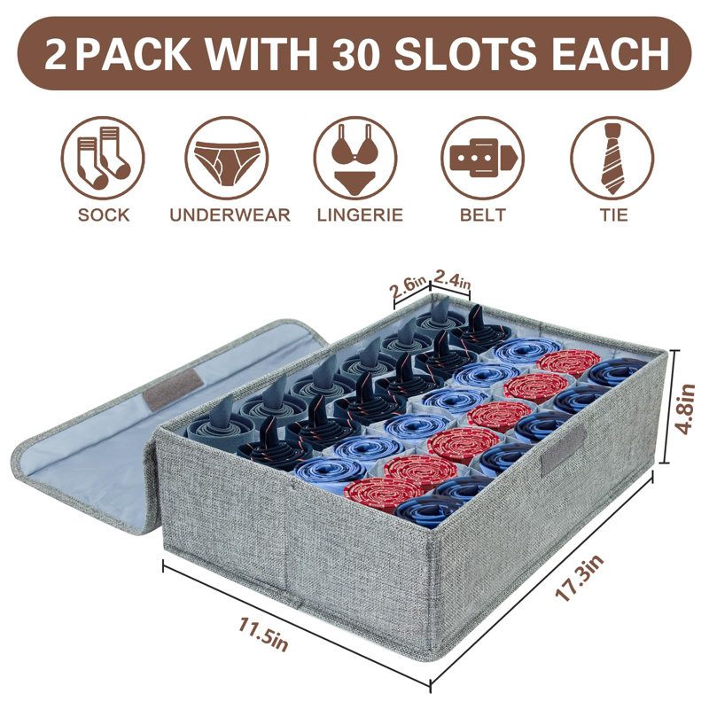 Sock Drawer Organizer Divider 2 Pack Socks Organizer With Lid 30 Cell Foldable Closet Sock Storage Divider Tie Storage Underwear Storage Boxes(Grey)