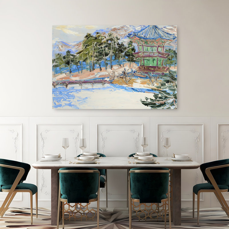 Reproduction d'art contemporain enneigé pavillon coréen enneigé, H 40 po x l 60 po
