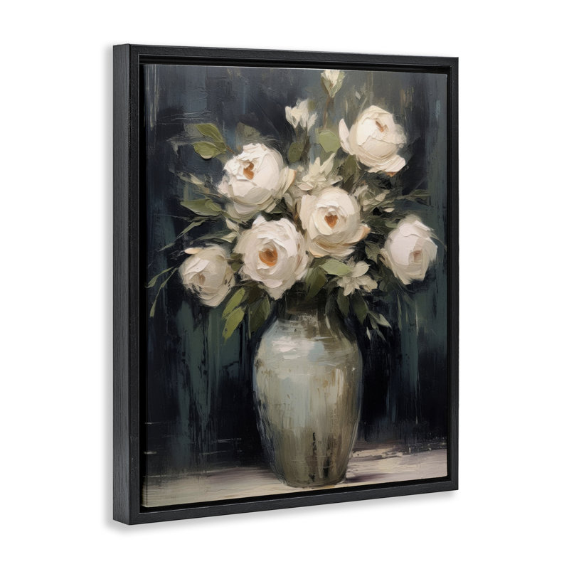 Cadre flottant Roses dans un vase foncé, design par LSR Creative Studio, Cadre flottant noir de jais, H 21 po x l 17 po