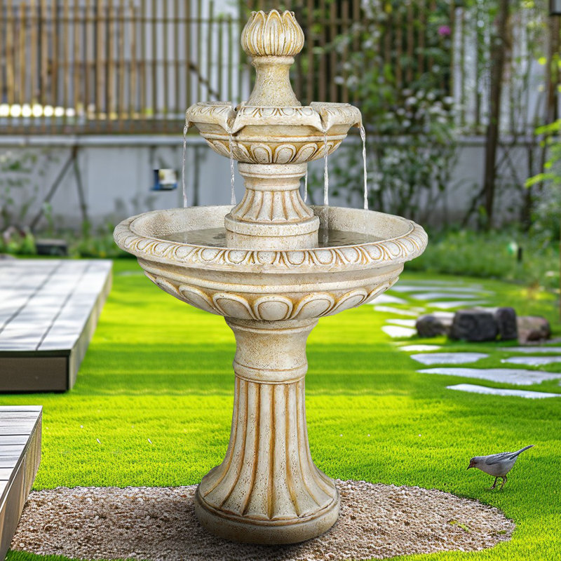 40.5" Beige Fibre Reinforced Concrete 3-Tier Cascading Garden Waterfall Fountain