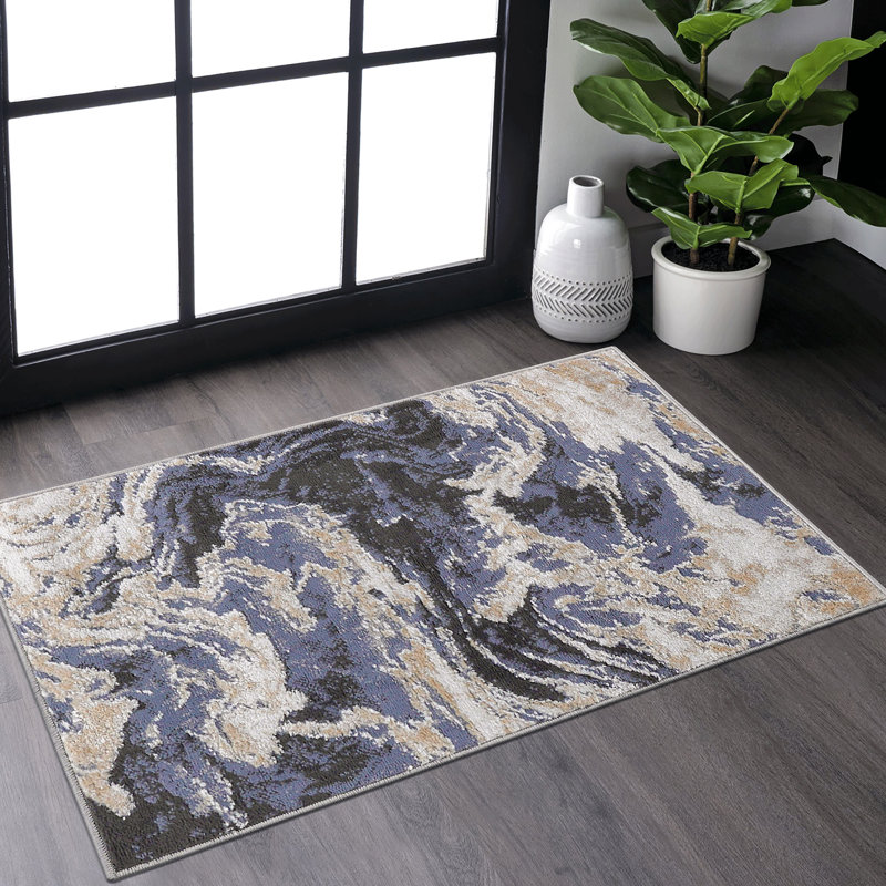Tapis tissé et tissé 2 x 3, thème abstrait bleu, ne perd pas ses poils, teinture, convient à divers espaces de la maison, pour la chambre à coucher et le bureau