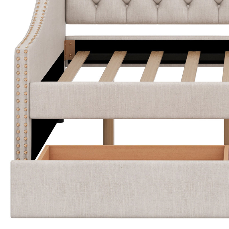 Lit de jour rembourré avec deux tiroirs, Beige, Lit double