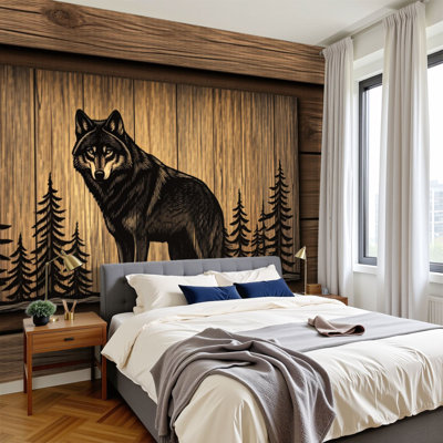 Hunting Peel and Stick Wallpaper Black Wolf Wildlife Wolf Vintage Wooden Jungle Wall Murals 100"H x 144"W Removable PVC Wall Paper Self-Adhesive Wall Paintings Art Decor for Man Cave Bedroom Living Room