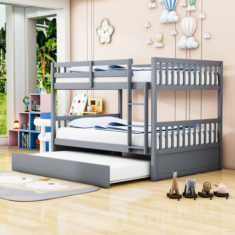 Full Over Full Wood Bunk Bed With Twin Trundle, Ladder And Guardrails, Gray