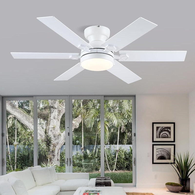 46 White Low Profile Ceiling Fan 6-Blade with Lights Remote Modern 3 Colors 6 Speeds Flush Mount Reversible DC Motor, White