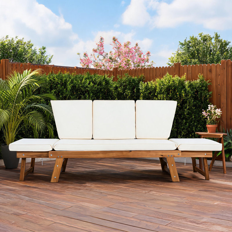 Outdoor Adjustable Wooden Patio Daybed Sofa Chaise Lounge with Beige Cushions, Space-Saving for Small Spaces, Natural Finish