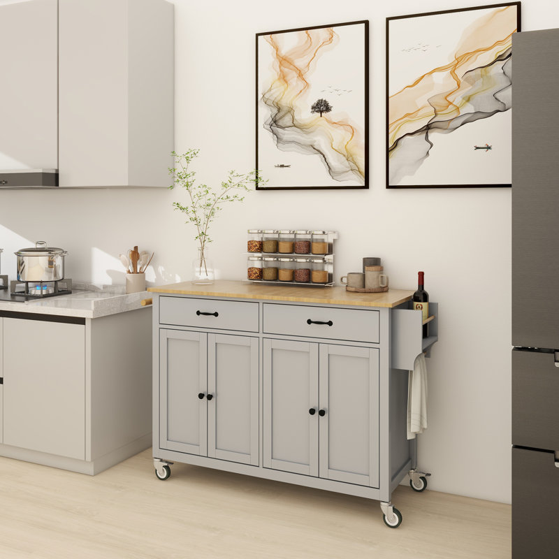 Kitchen Island Cart with Solid Wood Top and Locking Wheels,54.3 Inch Width,4 Door Cabinet and Two Drawers,Spice Rack, Towel Rack