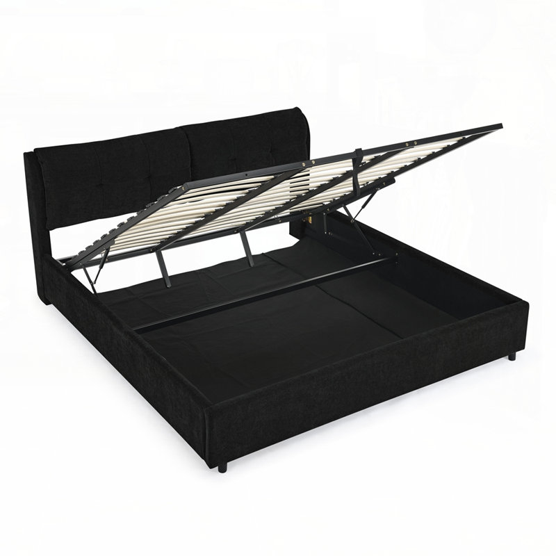 Lit plateforme rembourré avec rangement et tête de lit hydraulique en tissu chenille pour un maximum de confort et d'organisation