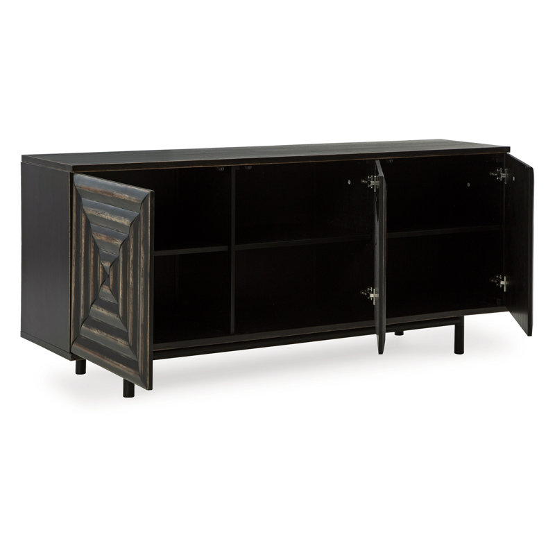 Sideboard Cabinet Console, 72 Inch, 3 Wood W Geometric Inlay, Black