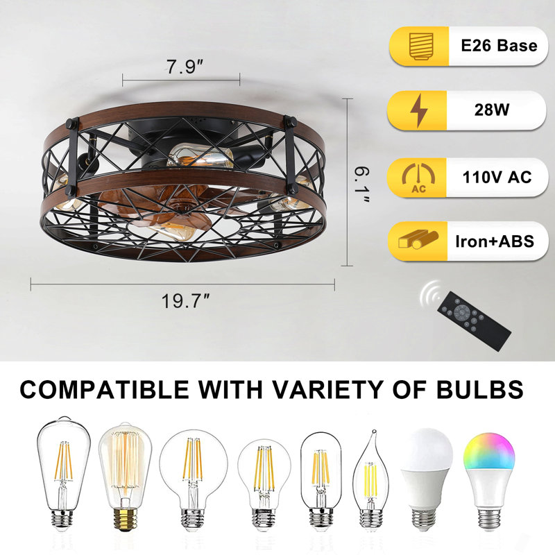 Ventilateurs de plafond en cage avec lumières noires, ventilateur de plafond encastré de 20 pouces, petit ventilateur de plafond Farmhouse avec luminaire, ventilateur réversible pour la chambre à coucher (y compris les ampoules E26)