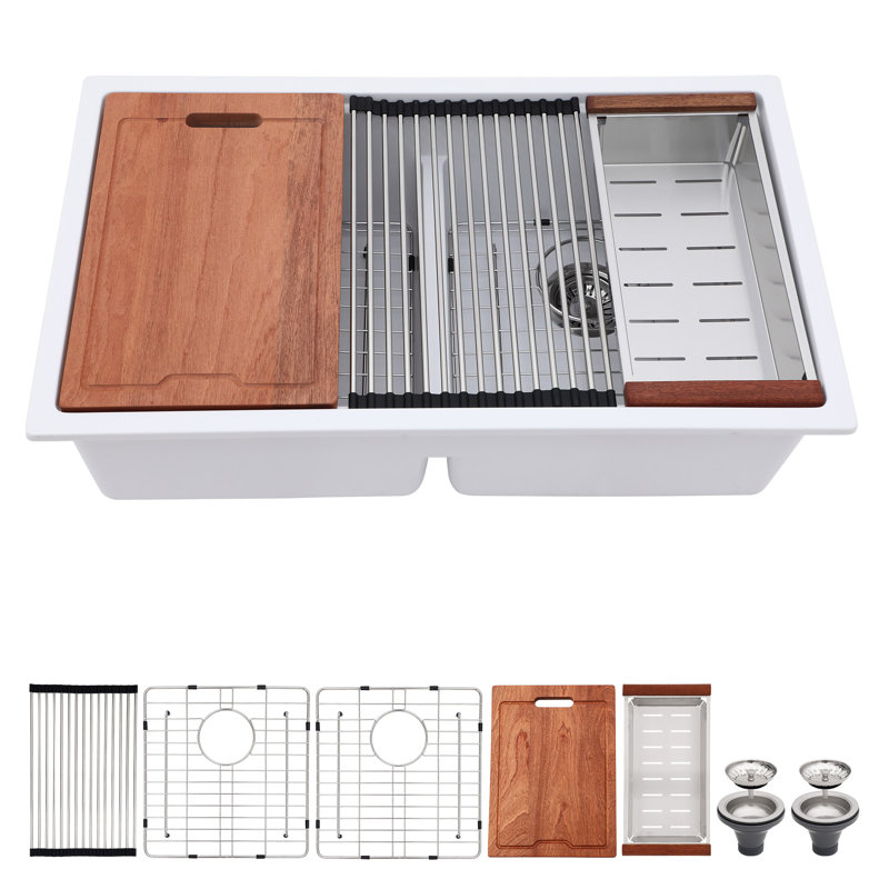 Évier de cuisine à double cuve encastrable avec station de travail à quartz L 33 po x l 19 po avec accessoires Quartz, Blanc
