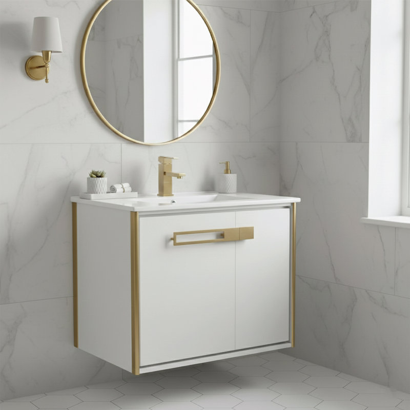 Meuble-lavabo simple l 24 po x P 18,31 po x H 23,25 po, Laiton satiné, Blanc mat