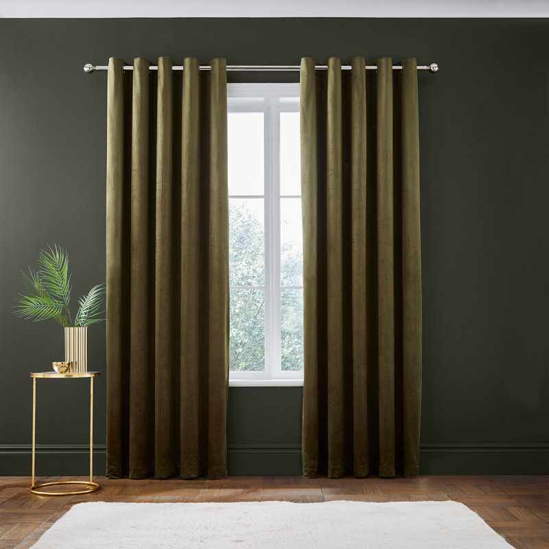 Kingsley Matt Velvet Lined Eyelet Curtains, Green