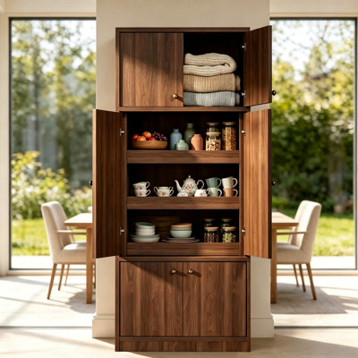 Armoire de rangement OMCHOM 71 po avec 2 armoires à double porte, 3 tiroirs et système anti-basculement, fini noyer pour garde-manger de cuisine