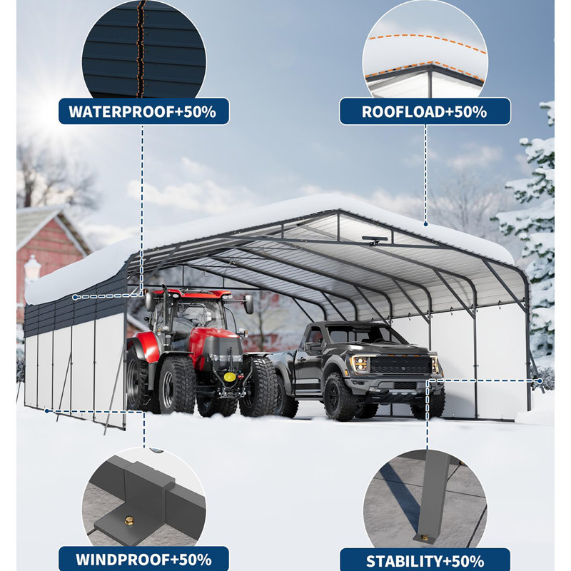 20' x 25' Metal Carport with LED Lights, Galvanized Steel Roof, Reinforced Base, Outdoor Car Shelter with Removable Sidewalls or Open Canopy for Cars, Trucks & Boats