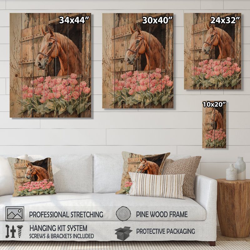 Tulipes et chevaux par la grange I - art mural en bois de tulipes - sur bois de pin naturel, H 20 po x l 10 po x P 0,78 po
