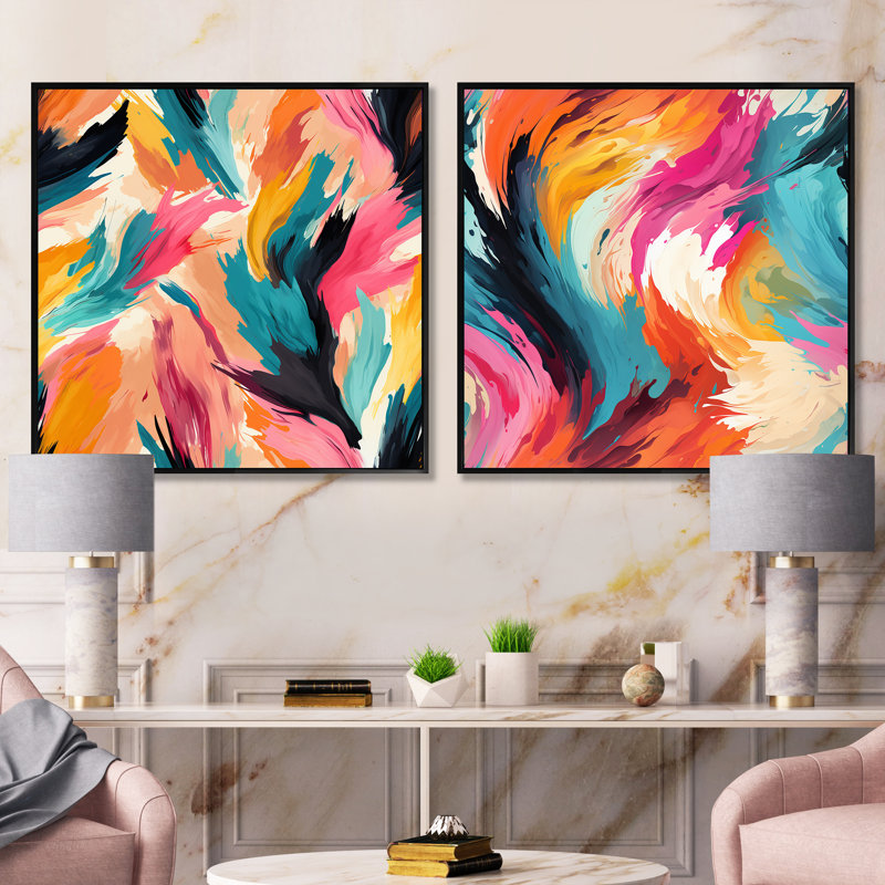 Colourful Painterly Ikat Symphony - Abstract Square Collage Set Of 2, Black Floater Framed, 30" H x 61" W