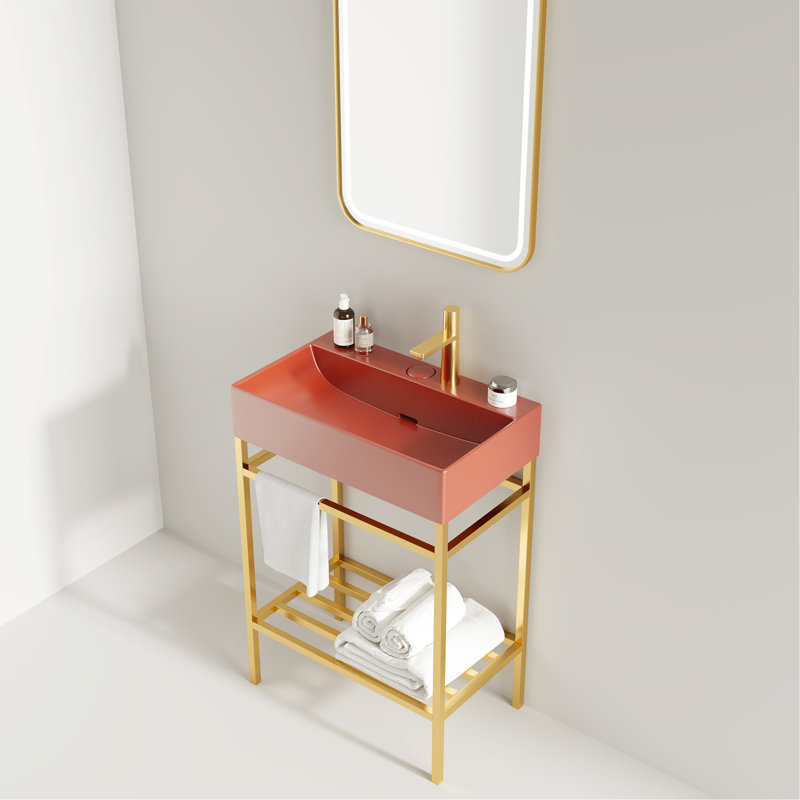 Meuble-lavabo 24 po avec lavabo en céramique et tablette de rangement en fer, Rouge, Or