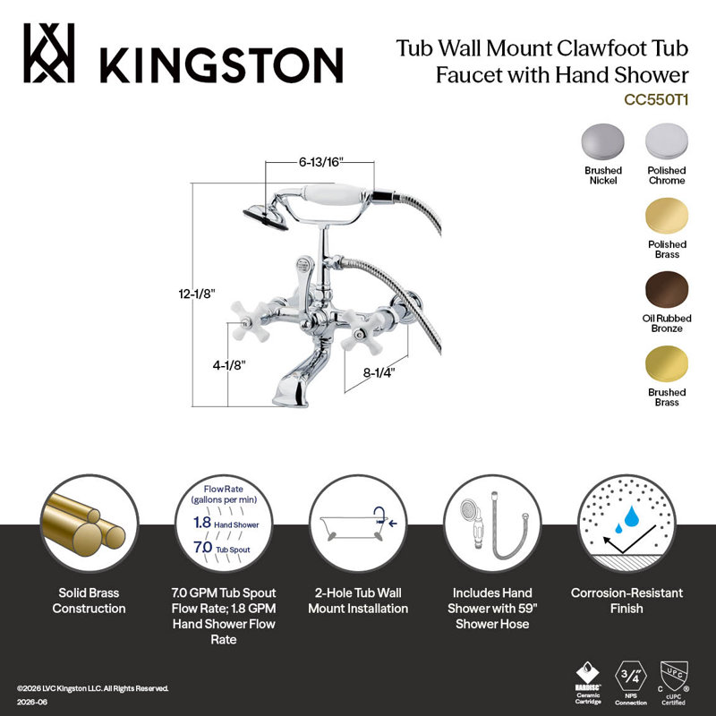 Kingston Brass Vintage Three-Handle 2-Hole Tub Wall Mount Clawfoot Tub Faucet with Hand Shower, Brushed Brass