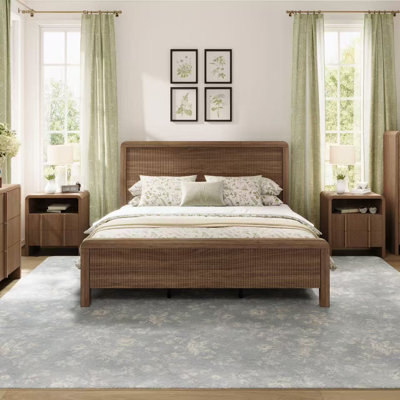 Solid Wood Platform Bed with Slatted Headboard and Durable Wood Slat Support, No Box Spring Require
